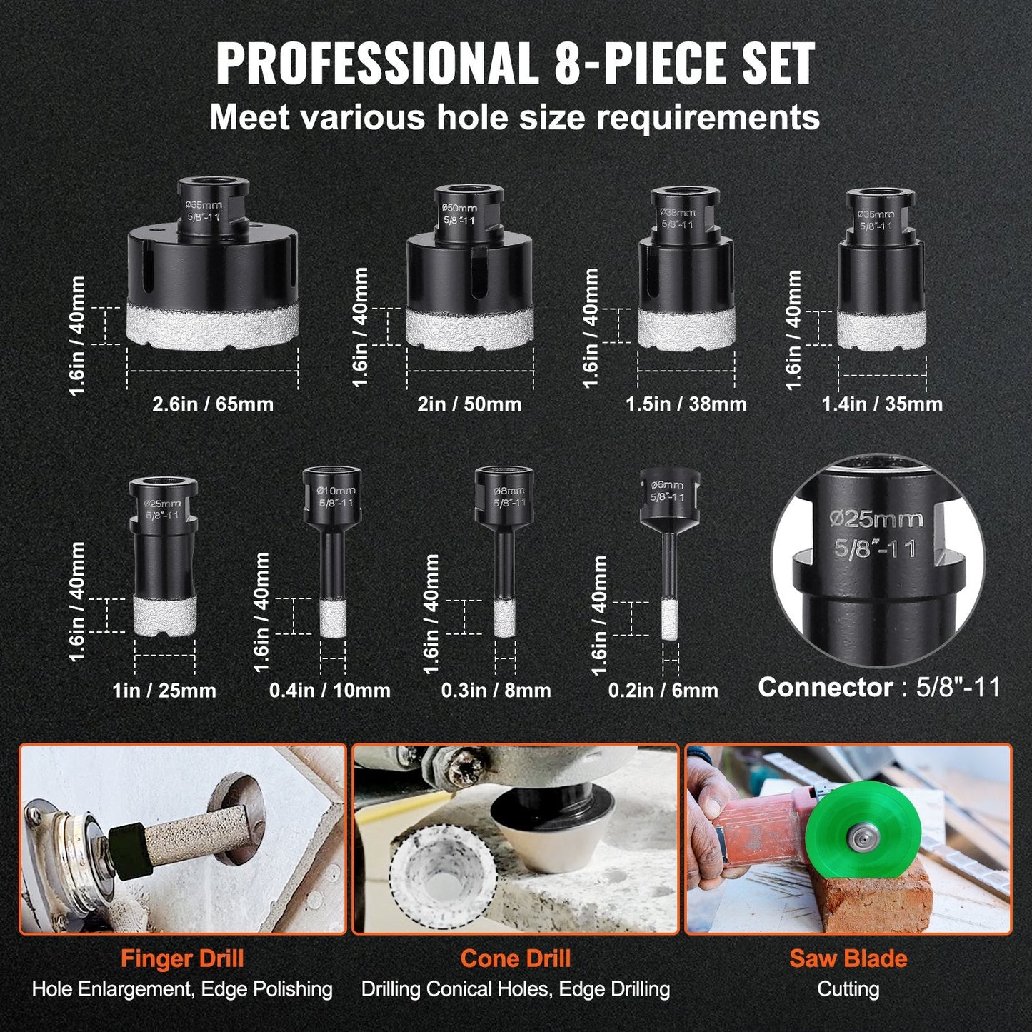 8-Piece Diamond Core Drill Bit Set for Tile & Ceramic, 6-65mm, with Case