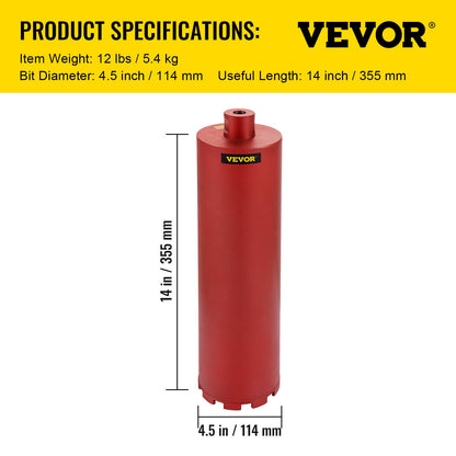 VEVOR Dry Diamond Core Drill 4.5"/114mm Dia. Hole Cutter for Concrete Masonry