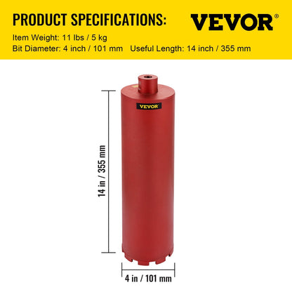 Premium 101mm Diamond Core Drill Bit for Concrete, 400mm Length, 5/8"-11 Thread