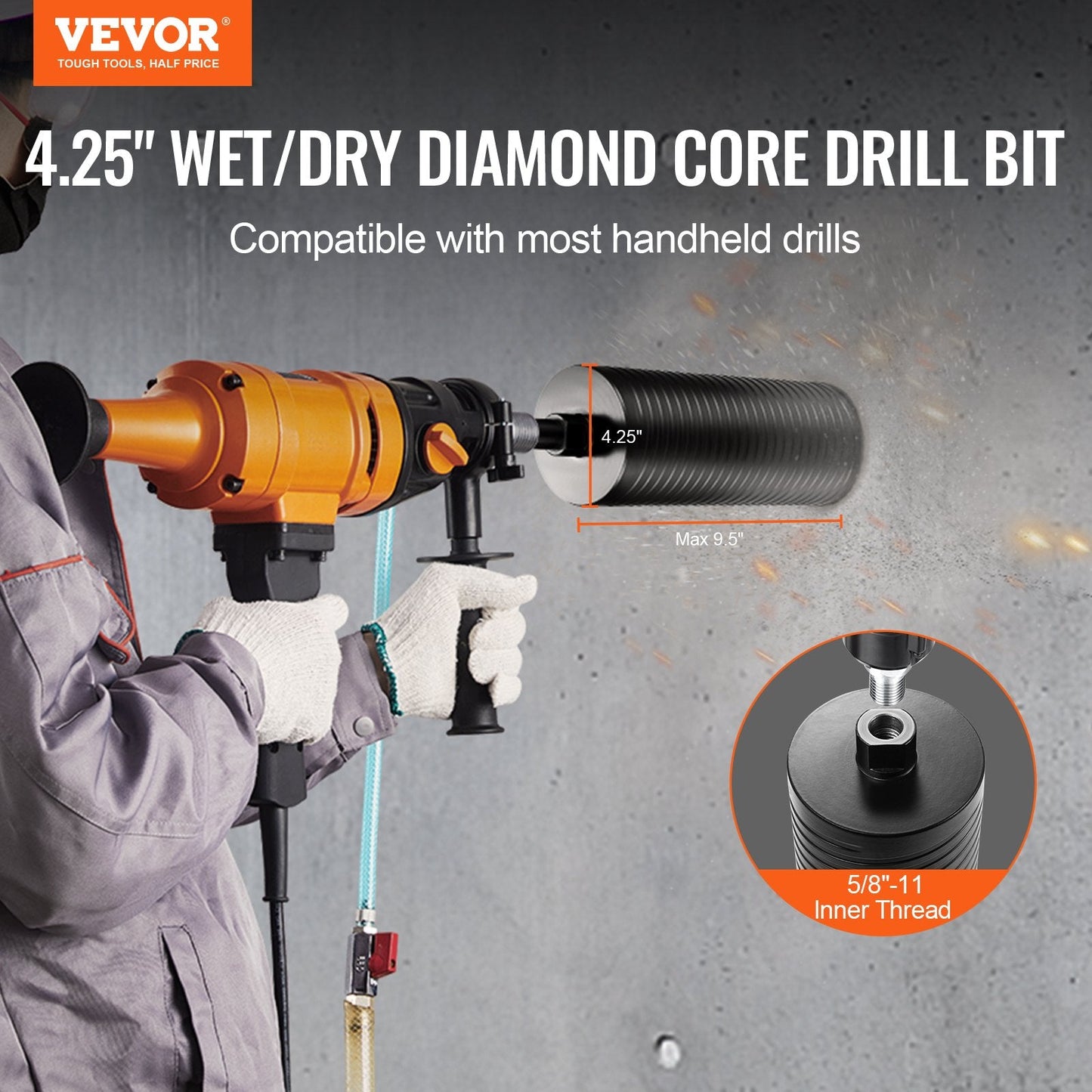 4.25" Wet/Dry Diamond Core Drill Bit for Brick & Concrete, 9.5" Depth