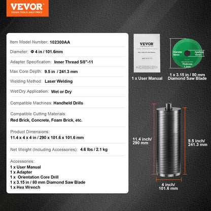VEVOR Core Drill Bit, 4" Wet/Dry Diamond Core Drill Bits for Brick and Block, Concrete