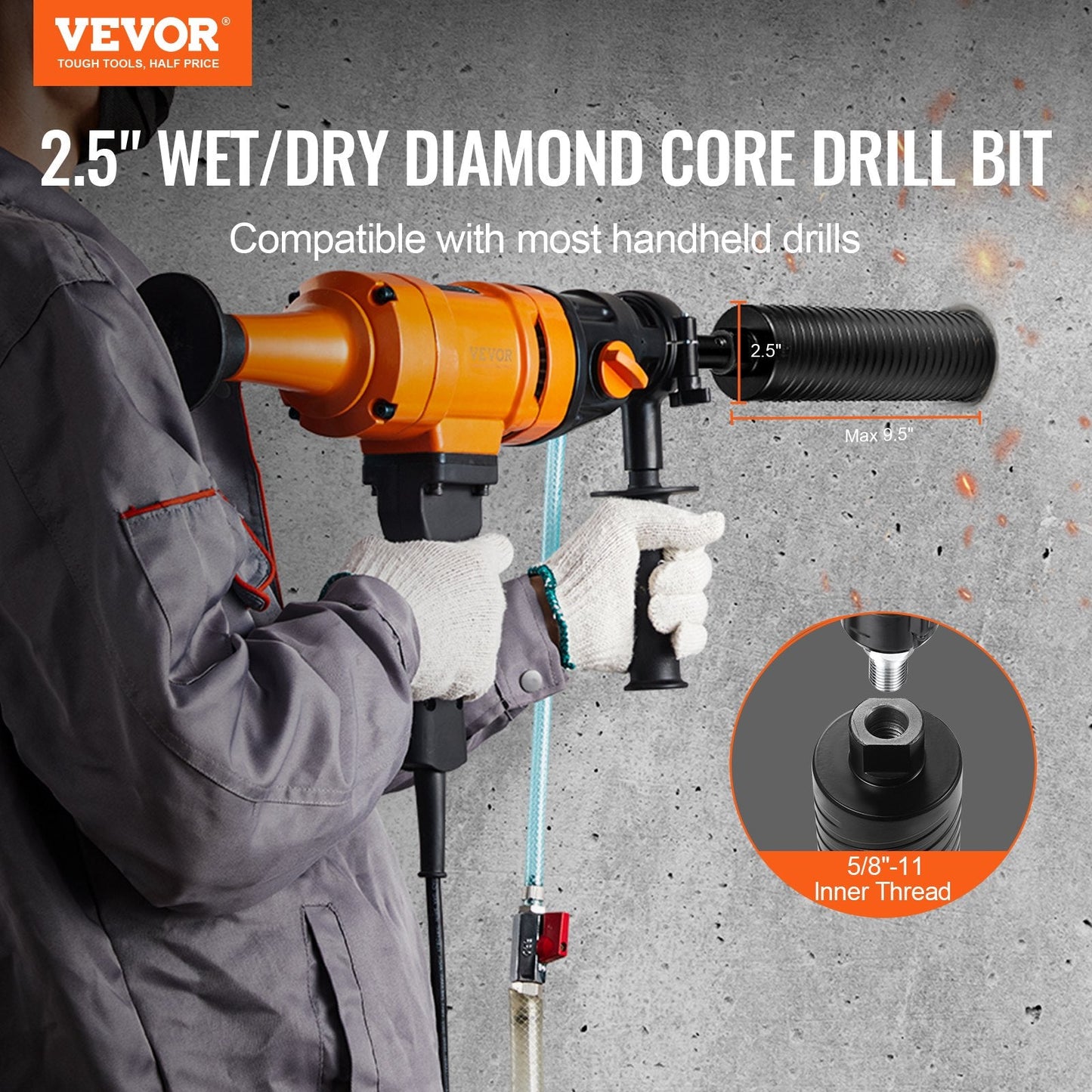 2.5" Diamond Core Drill Bit for Brick & Concrete, 9.5" Depth, Wet/Dry Use
