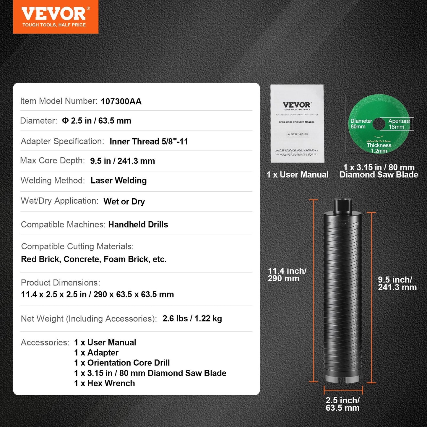 2.5" Diamond Core Drill Bit for Brick & Concrete, 9.5" Depth, Wet/Dry Use
