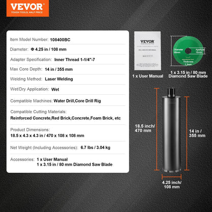 4.25" Diamond Core Drill Bit, 355mm Deep, 3.04kg Wet Cutting for Concrete