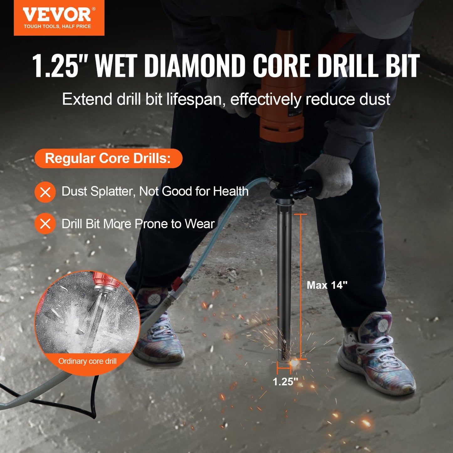 VEVOR Core Drill Bit, 1-1/4" Wet Diamond Core Drill Bits, 14" Drilling Depth Concrete