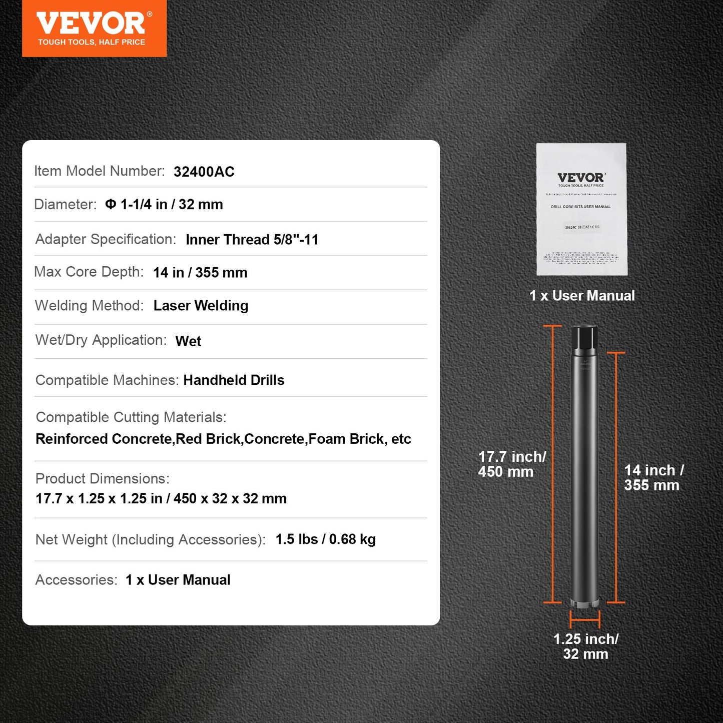 VEVOR Core Drill Bit, 1-1/4" Wet Diamond Core Drill Bits, 14" Drilling Depth Concrete