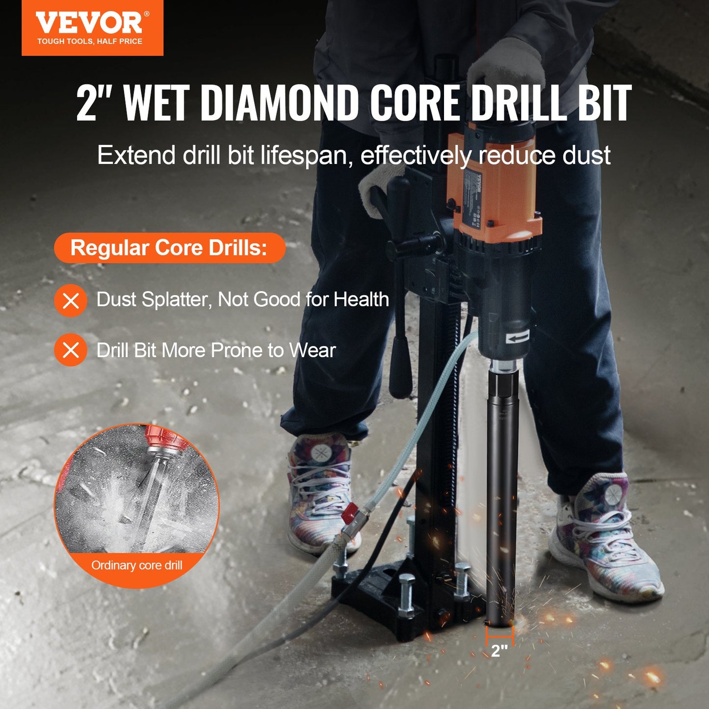 VEVOR Core Drill Bit, 2" Wet Diamond Core Drill Bits, 14" Drilling Depth Concrete