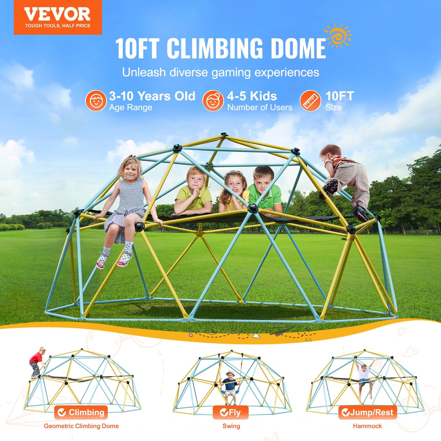 VEVOR Climbing Dome, 10FT Geometric Dome Climber with Hammock and Swing, for Kids