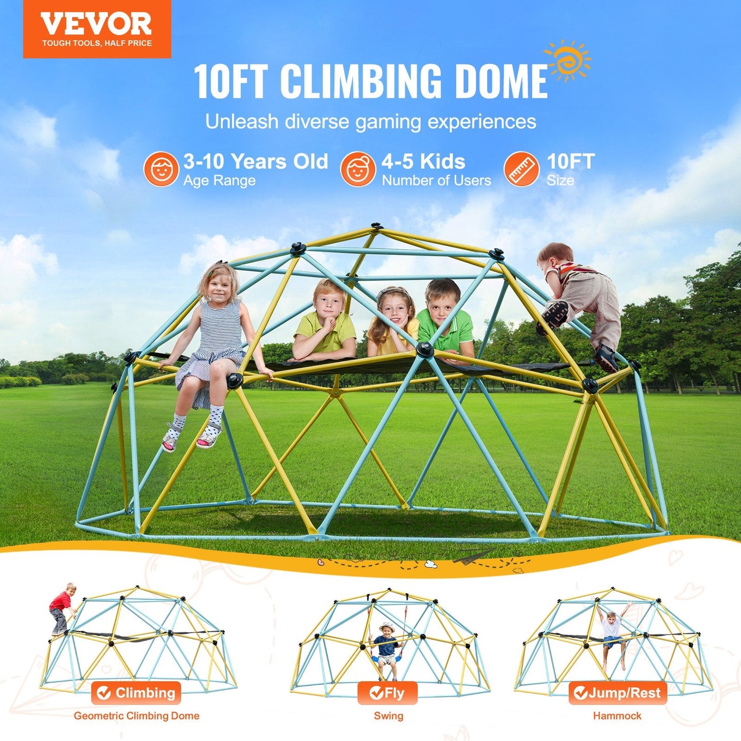 10FT Kids' Geometric Dome Climber with Hammock & Swing, 340kg Capacity