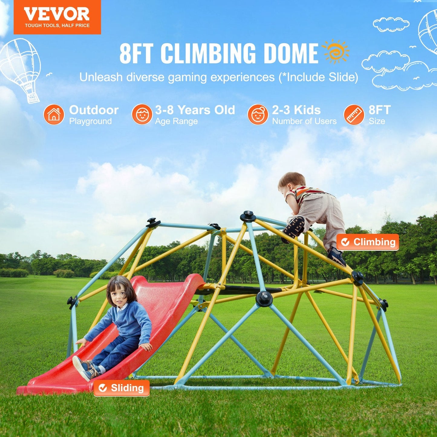 8FT Geometric Climbing Dome with Slide for Kids, Supports 272 kg, Ages 3-9
