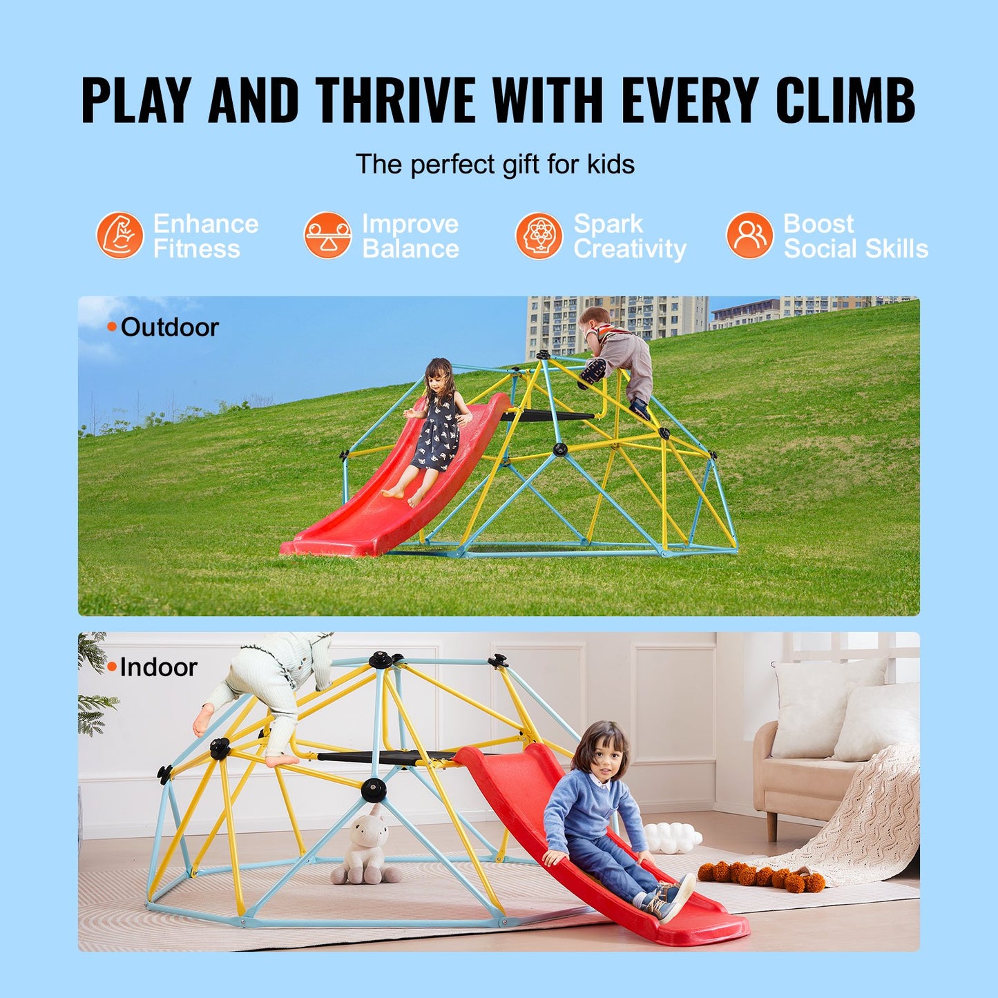 VEVOR Climbing Dome, 8FT Geometric Dome Climber with Slide, for Kids 3 to 9 Years