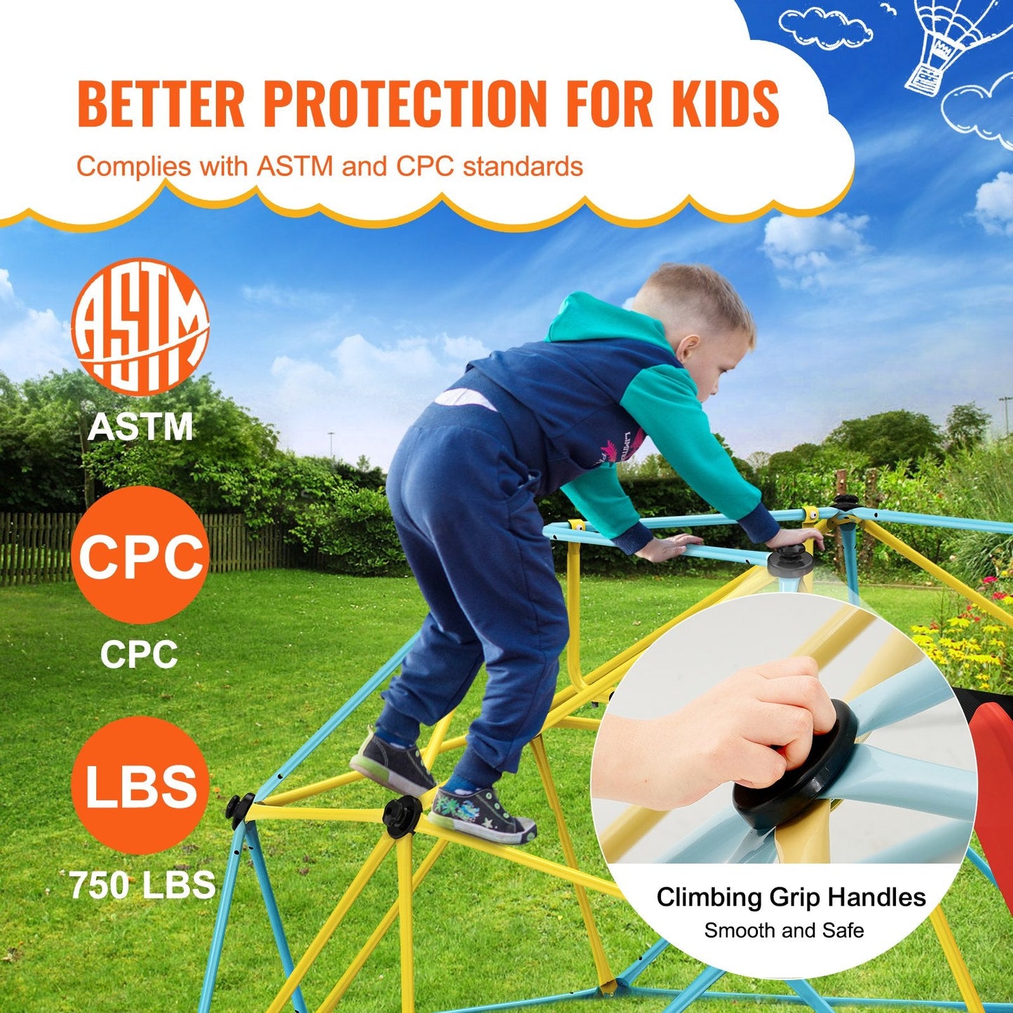 8FT Geometric Climbing Dome with Slide for Kids, Supports 272 kg, Ages 3-9