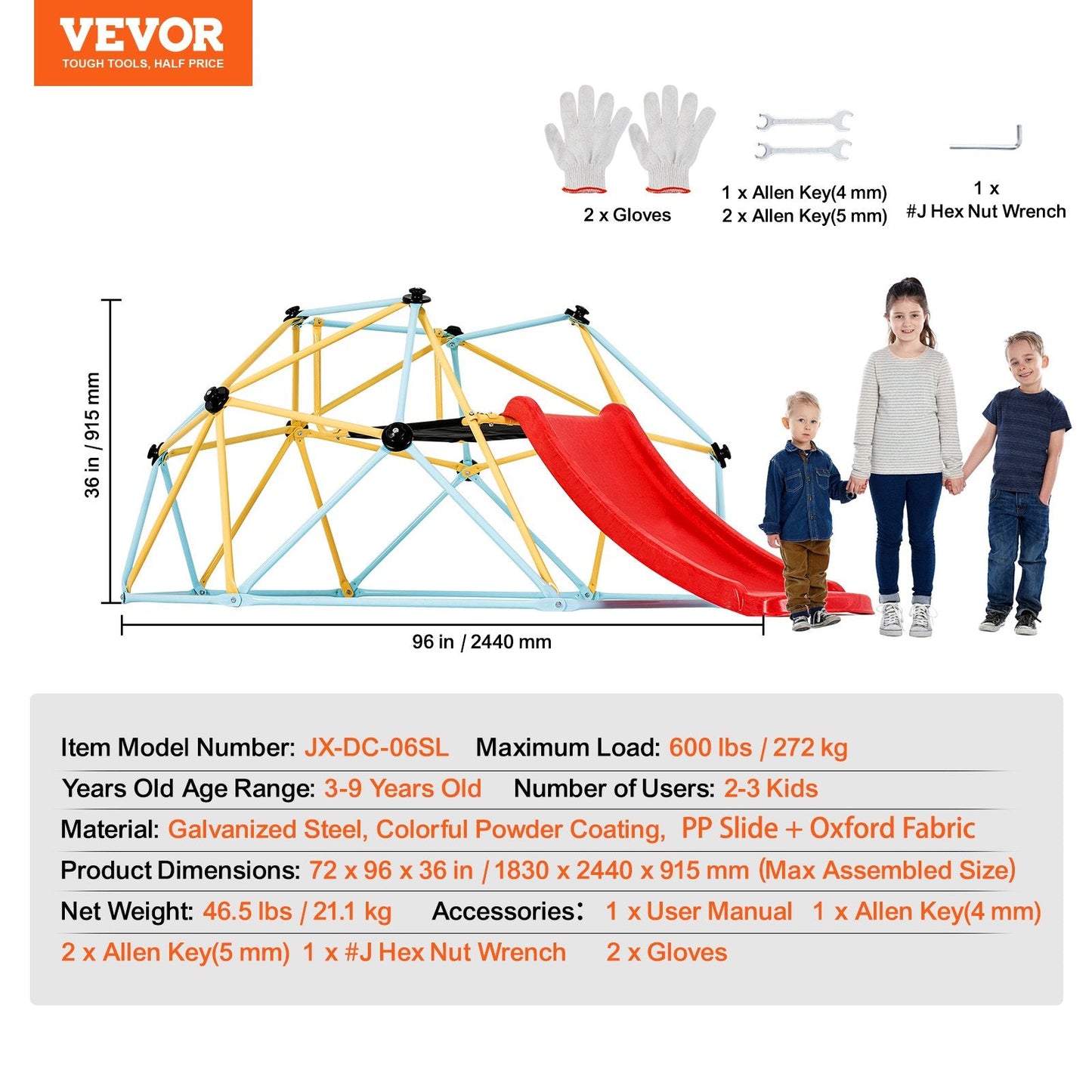 8FT Geometric Climbing Dome with Slide for Kids, Supports 272 kg, Ages 3-9