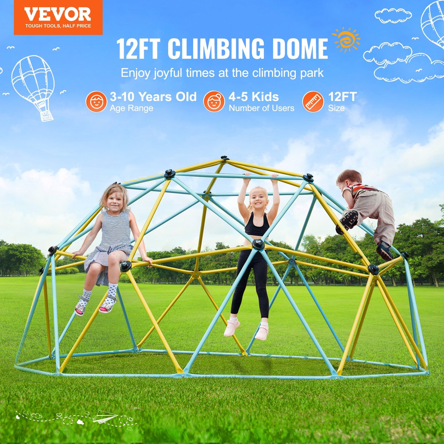VEVOR Climbing Dome, 12FT Geometric Dome Climber Play Center for Kids 3 to 10 Years