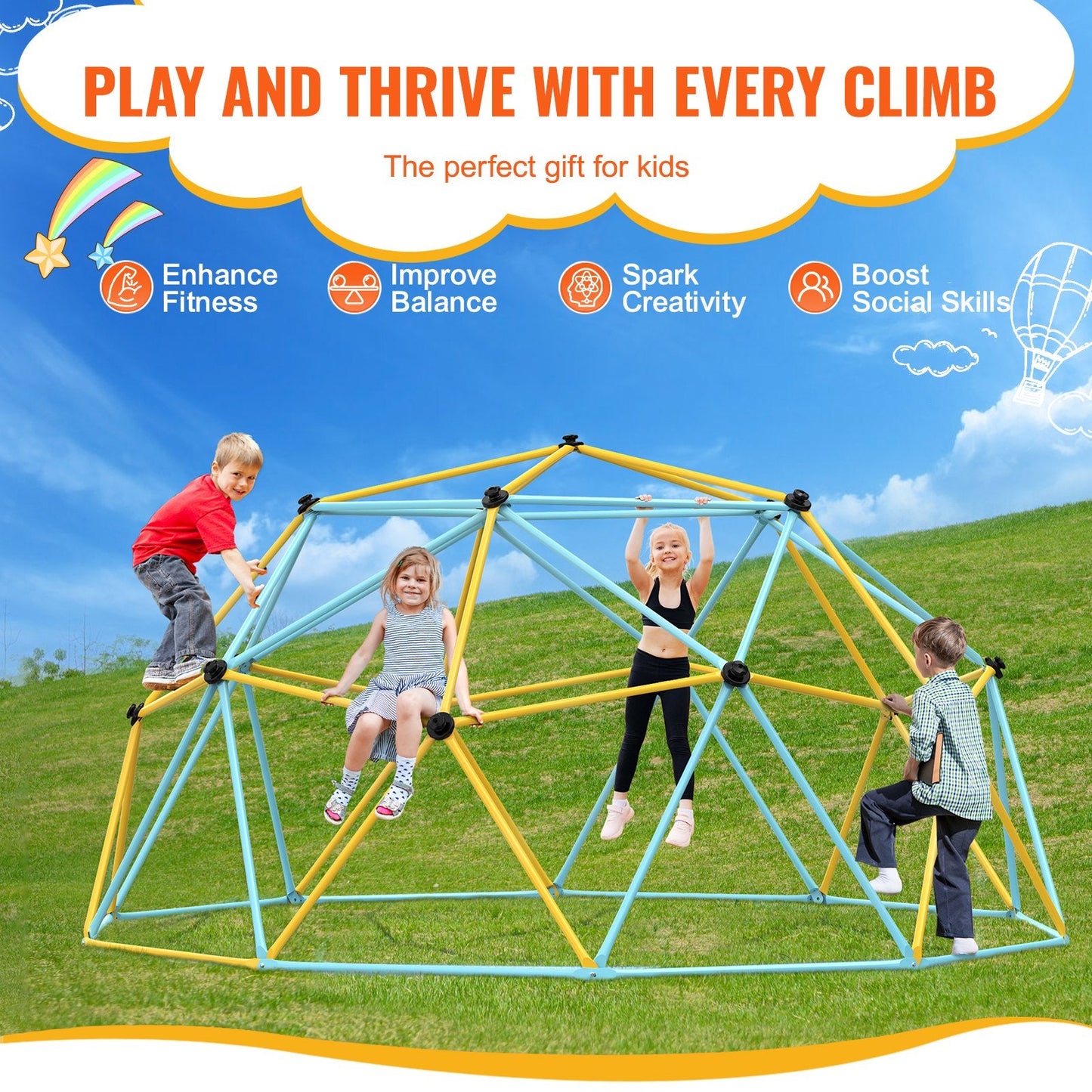 12FT Geometric Dome Climber Play Center for Kids, Supports 340 kg, Ages 3-10