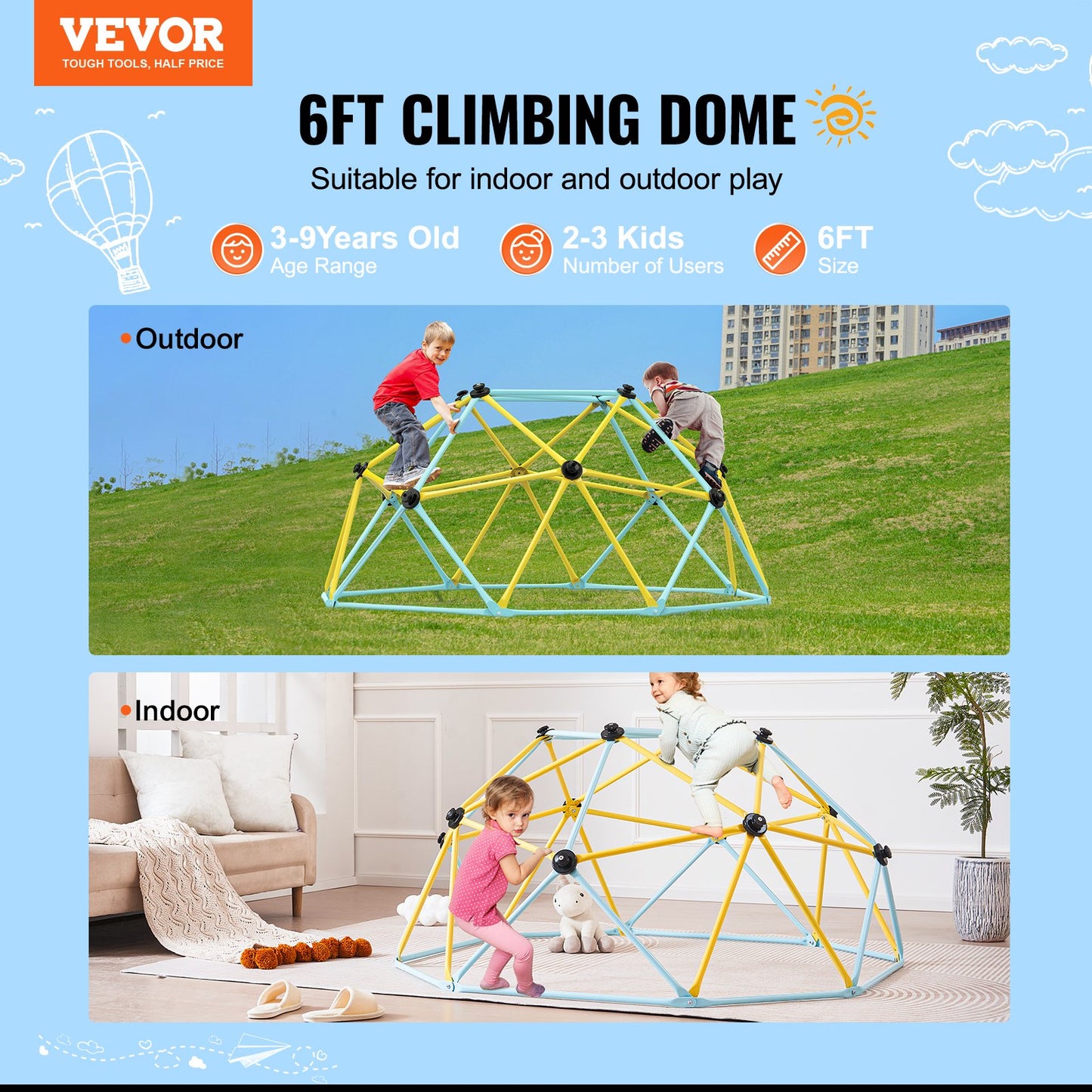VEVOR Climbing Dome, 6FT Geometric Dome Climber Play Center for Kids 3 to 9 Years
