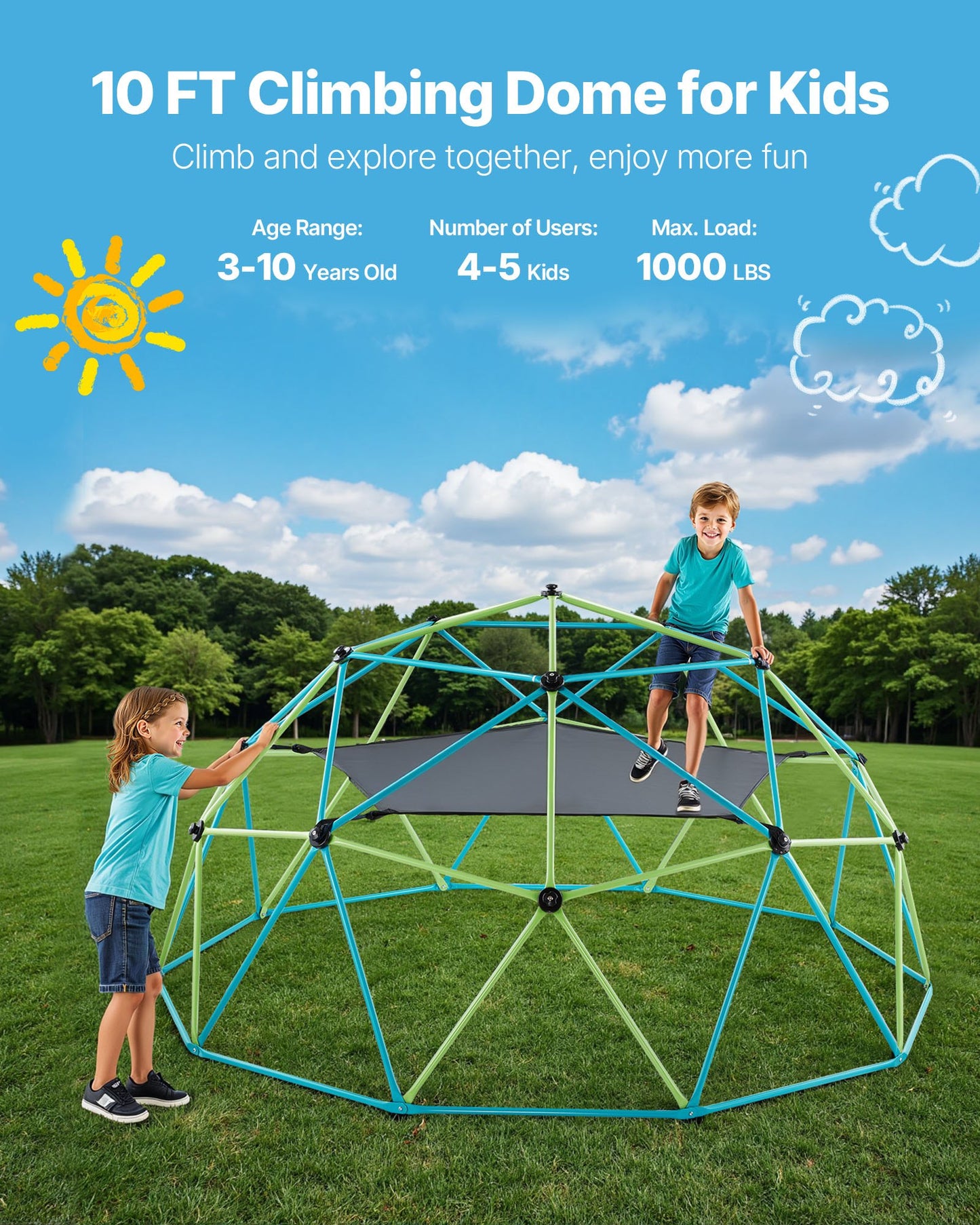 Climbing Dome, 305cm Geometric Dome Climber with Swing & Hammock, 453kg Loading Kid's Jungle Gym Playground, Easy-Assembly Outdoor Backyard Climbing Equipment for Boys Girls 3 to 10 Years Old