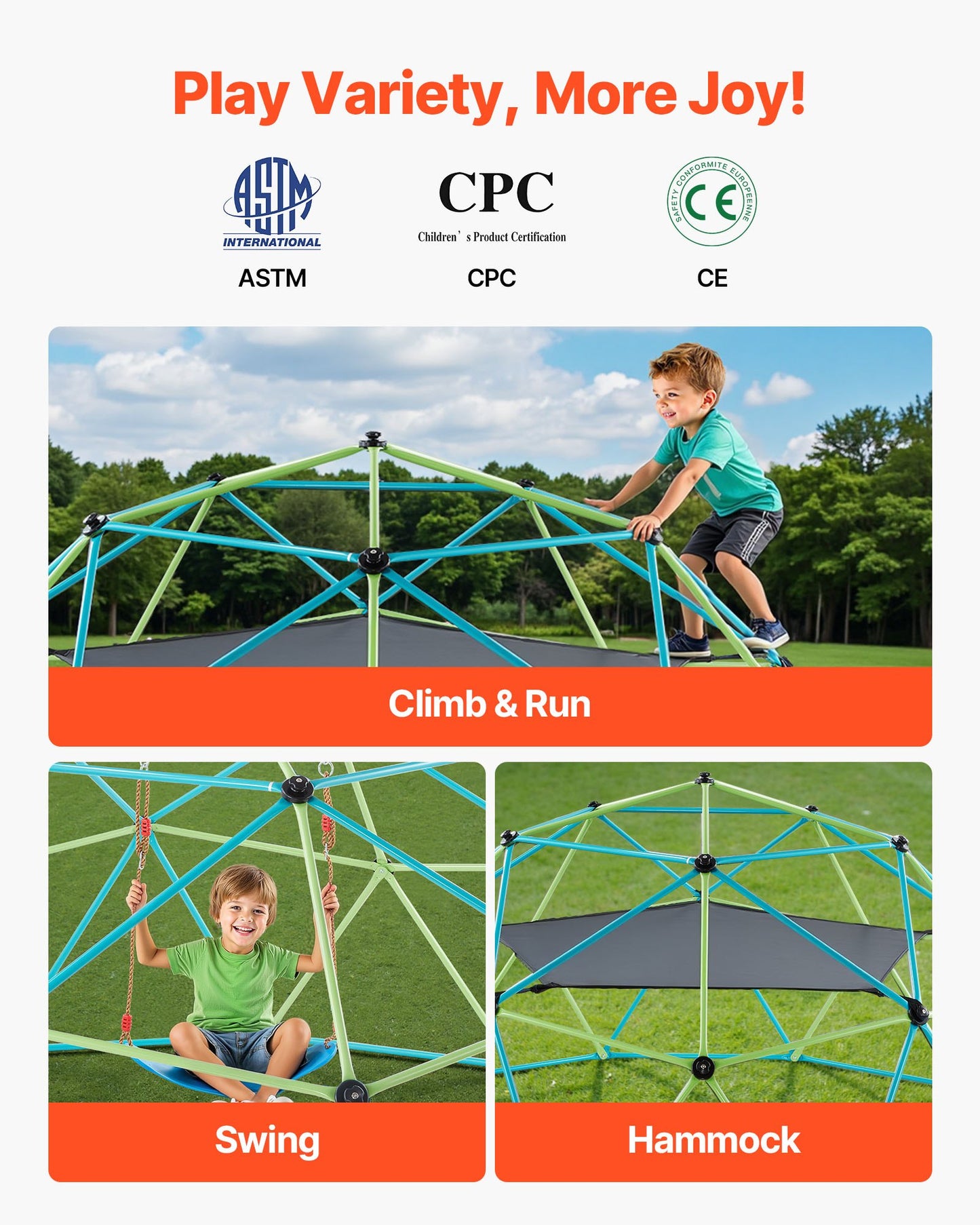 Climbing Dome, 305cm Geometric Dome Climber with Swing & Hammock, 453kg Loading Kid's Jungle Gym Playground, Easy-Assembly Outdoor Backyard Climbing Equipment for Boys Girls 3 to 10 Years Old