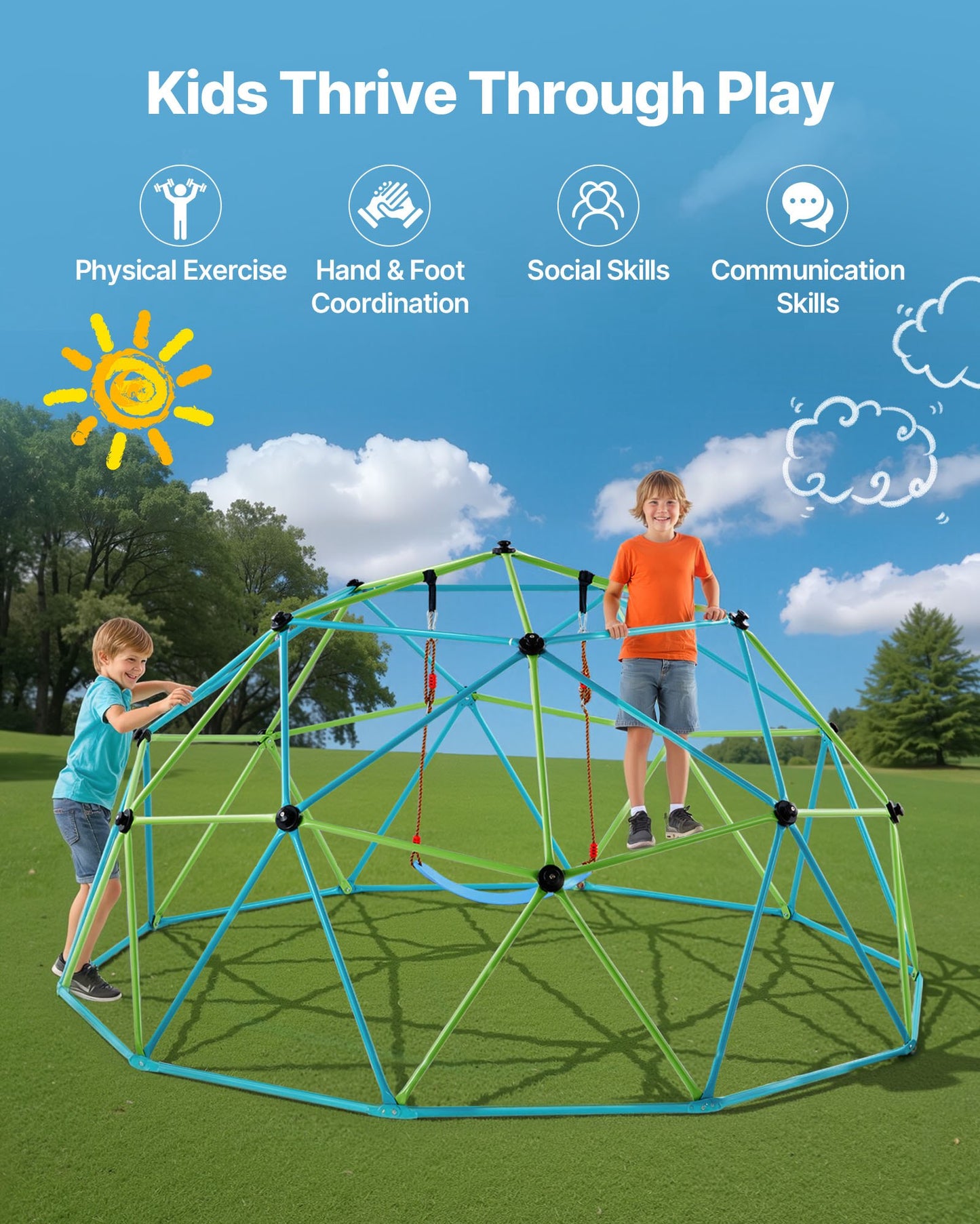 Climbing Dome, 305cm Geometric Dome Climber with Swing & Hammock, 453kg Loading Kid's Jungle Gym Playground, Easy-Assembly Outdoor Backyard Climbing Equipment for Boys Girls 3 to 10 Years Old