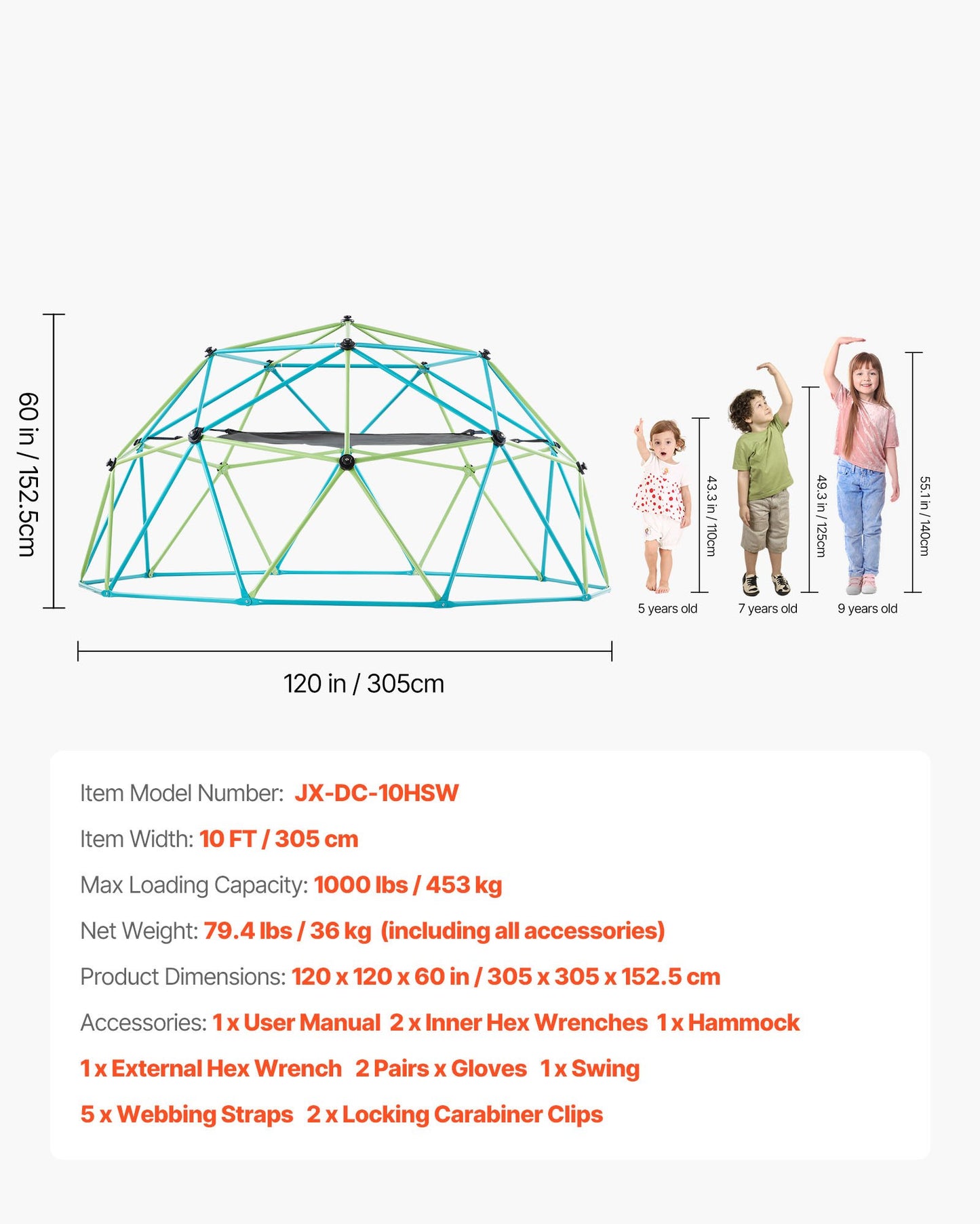 Climbing Dome, 305cm Geometric Dome Climber with Swing & Hammock, 453kg Loading Kid's Jungle Gym Playground, Easy-Assembly Outdoor Backyard Climbing Equipment for Boys Girls 3 to 10 Years Old
