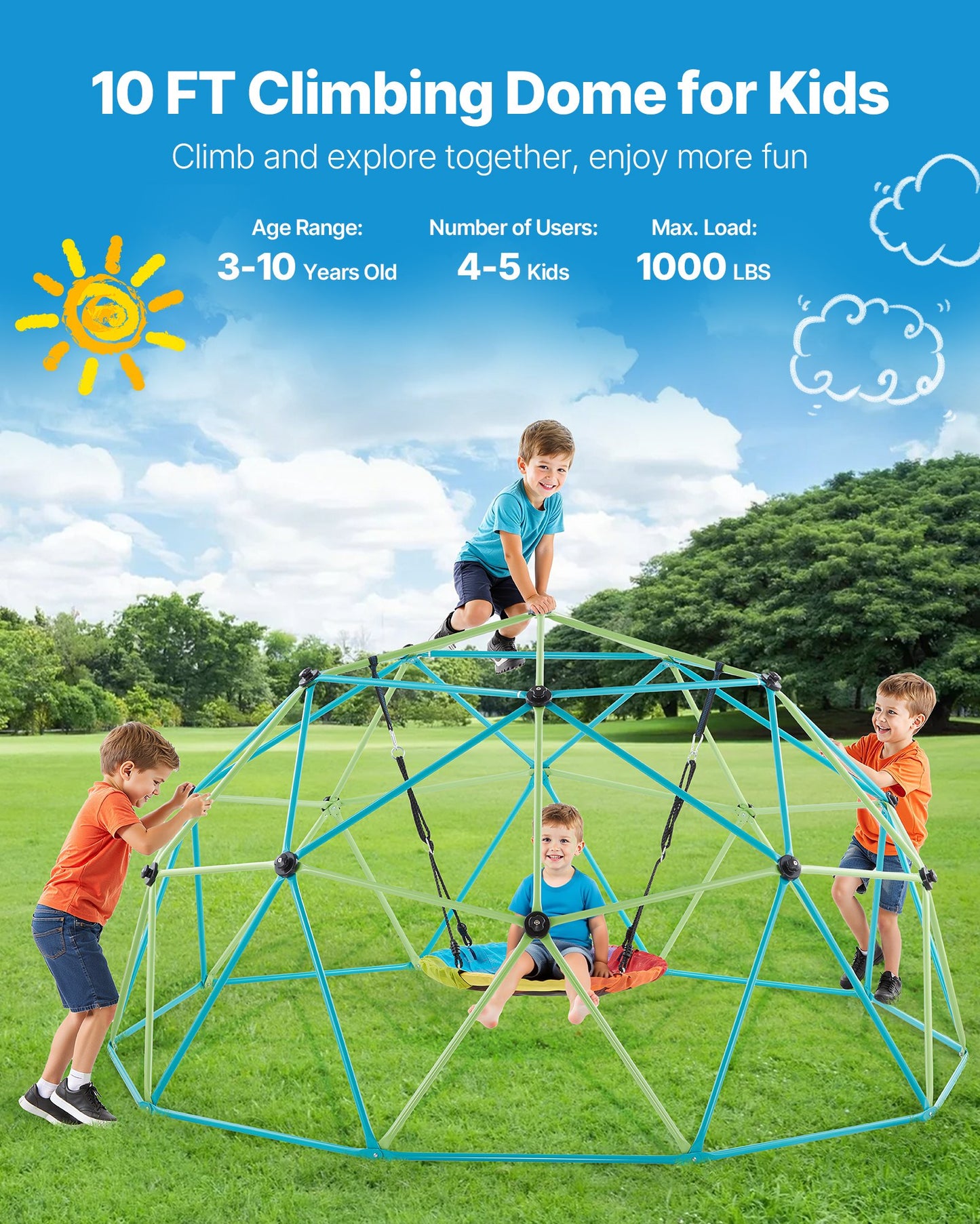 Climbing Dome, 305cm Geometric Dome Climber with Saucer Swing, 453kg Loading Kid's Jungle Gym Playground, Easy-Assembly Outdoor Backyard Climbing Equipment for Boys Girls 3 to 10 Years Old