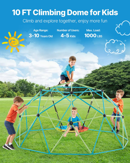 Climbing Dome, 305cm Geometric Dome Climber with Saucer Swing, 453kg Loading Kid's Jungle Gym Playground, Easy-Assembly Outdoor Backyard Climbing Equipment for Boys Girls 3 to 10 Years Old
