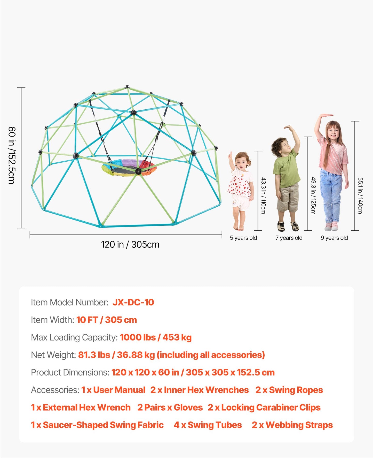 Climbing Dome, 305cm Geometric Dome Climber with Saucer Swing, 453kg Loading Kid's Jungle Gym Playground, Easy-Assembly Outdoor Backyard Climbing Equipment for Boys Girls 3 to 10 Years Old