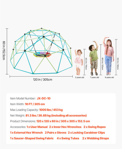 Climbing Dome, 305cm Geometric Dome Climber with Saucer Swing, 453kg Loading Kid's Jungle Gym Playground, Easy-Assembly Outdoor Backyard Climbing Equipment for Boys Girls 3 to 10 Years Old