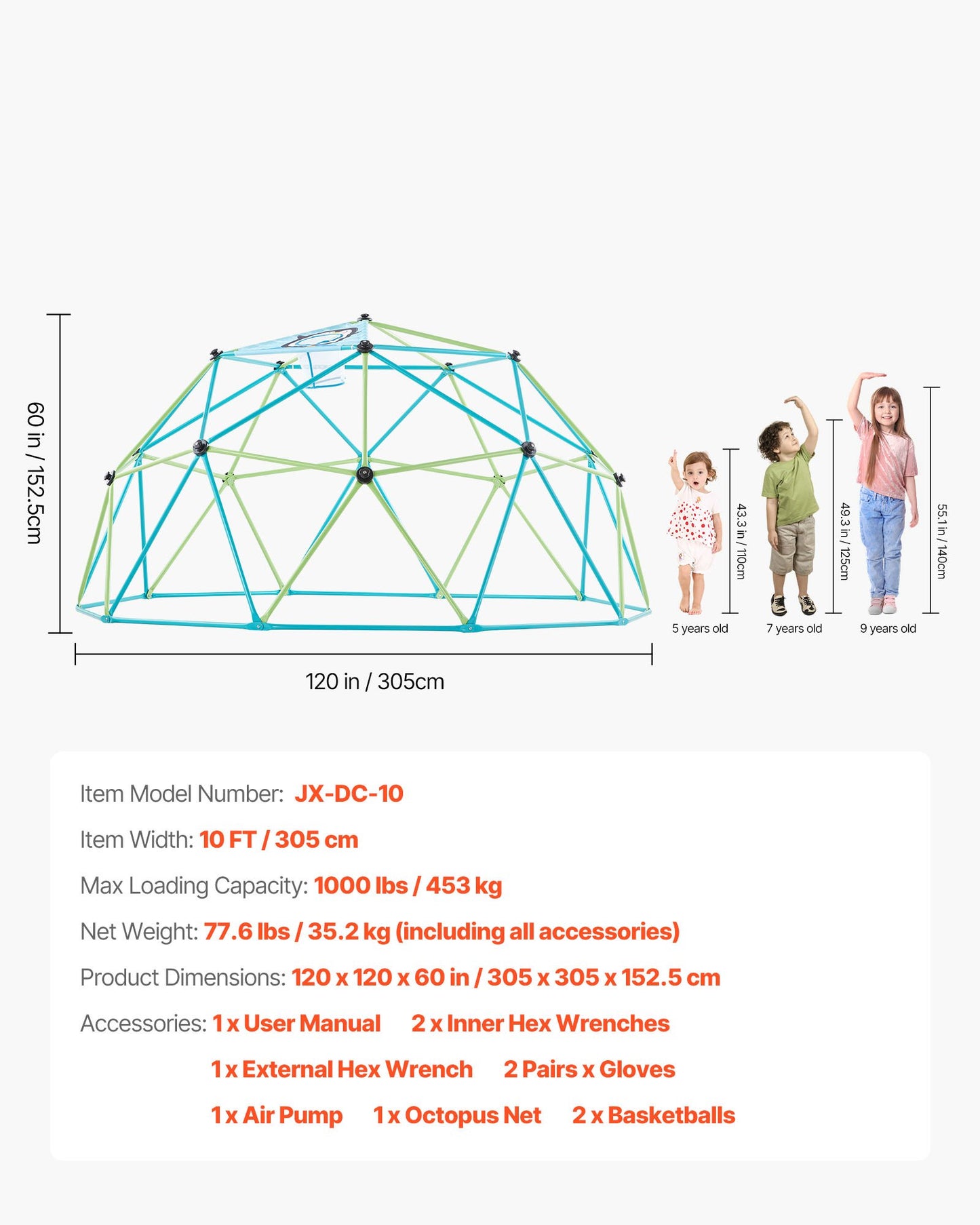 Climbing Dome, 305cm Geometric Dome Climber for Kids, 453kg Loading Jungle Gym Playground with Octopus Net & 2 Basketballs, Easy-Assembly Outdoor Backyard Climbing Toys - Gift for Boys Girls