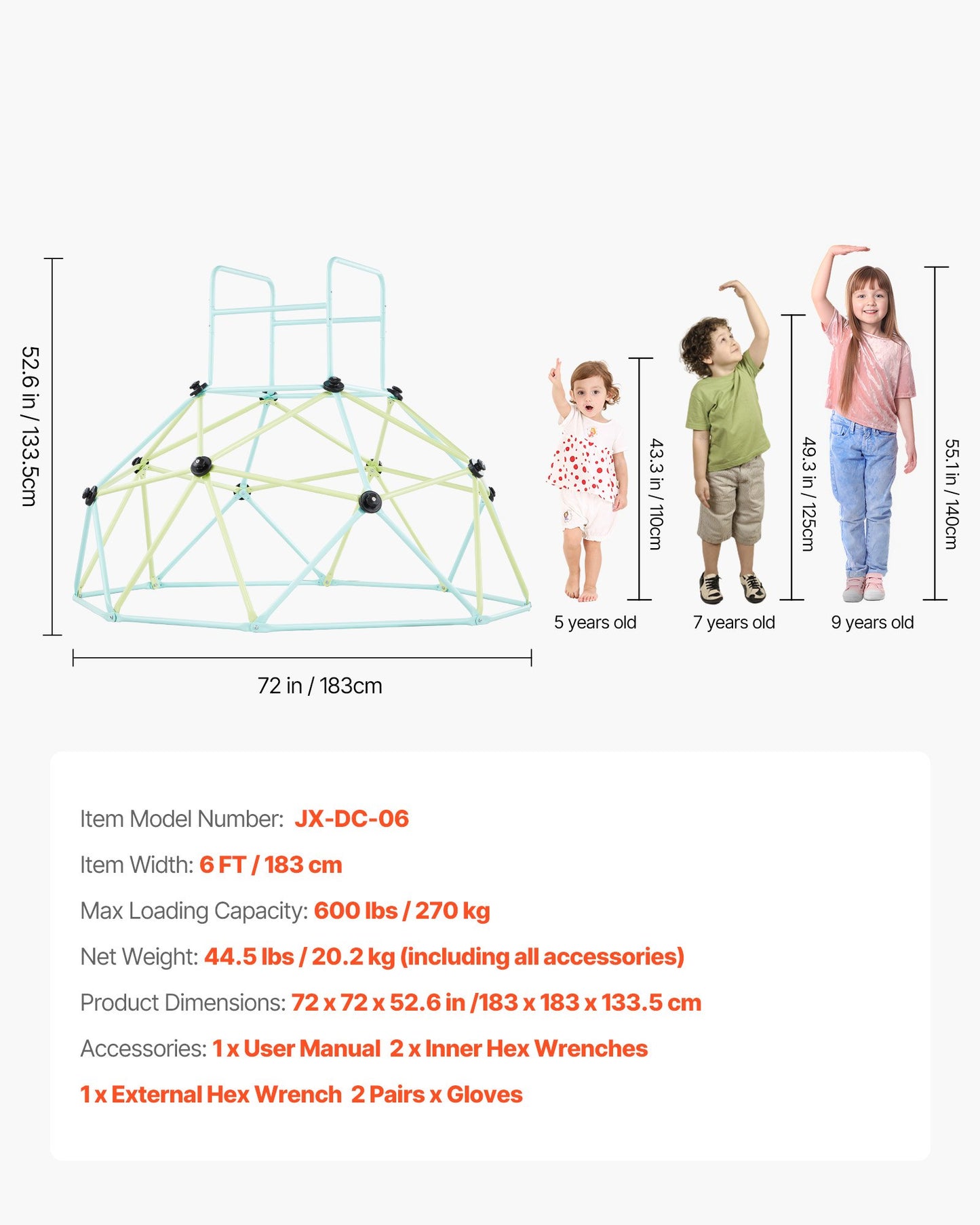 Climbing Dome, 183cm Geometric Dome Climber for Kids, 270kg Loading Indoor/Outdoor Jungle Gym Playground, Easy-Assembly Backyard Climbing Play Equipment for Boys Girls 3 to 10 Years Old