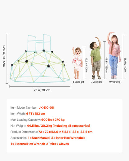 Climbing Dome, 183cm Geometric Dome Climber for Kids, 270kg Loading Indoor/Outdoor Jungle Gym Playground, Easy-Assembly Backyard Climbing Play Equipment for Boys Girls 3 to 10 Years Old