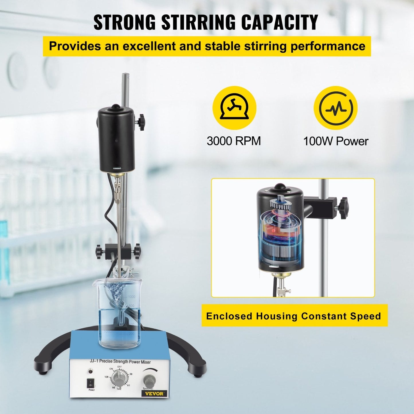 Electric Overhead Stirrer Mixer, 100W, 0-3000 RPM, Adjustable Speed, 8 kg