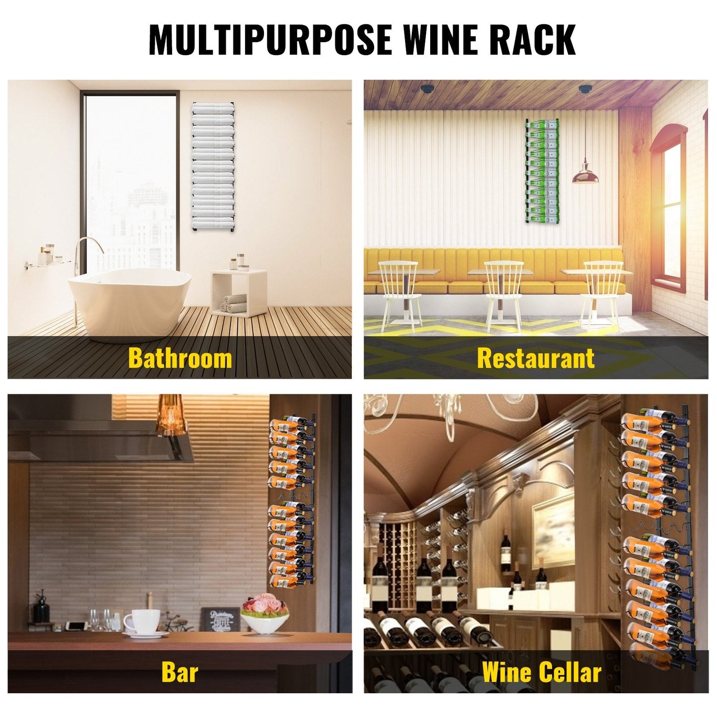 Wall Mounted Black Steel Wine Rack, Holds 24 Bottles, 1.2m x 0.3m, Space-Saving