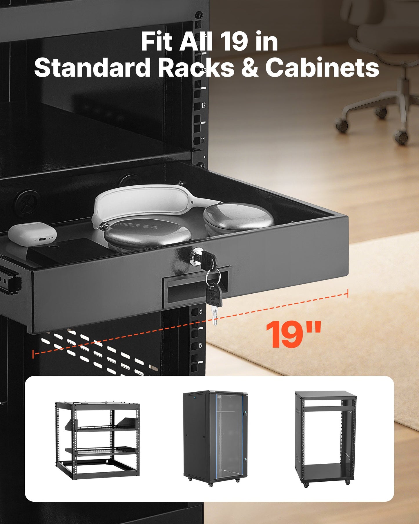 2U Rack Mount Drawer, 22.68 kg Max Load-Bearing, Lockable Server Cabinet Case, Sliding Drawer with Lock and Cable Management Holes, for Network Equipment Server AV Rack or Cabinet Enclosure