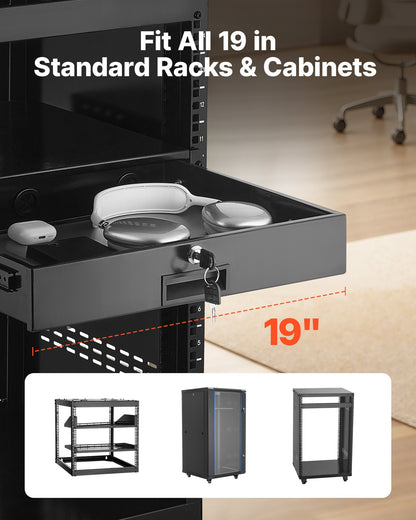 2U Rack Mount Drawer, 22.68 kg Max Load-Bearing, Lockable Server Cabinet Case, Sliding Drawer with Lock and Cable Management Holes, for Network Equipment Server AV Rack or Cabinet Enclosure