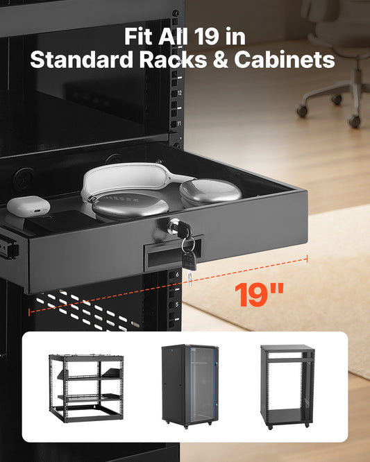 2U Rack Mount Drawer, 22.68 kg Max Load-Bearing, Lockable Server Cabinet Case, Sliding Drawer with Lock and Cable Management Holes, for Network Equipment Server AV Rack or Cabinet Enclosure