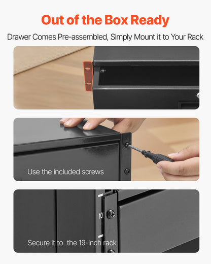 2U Rack Mount Drawer, 22.68 kg Max Load-Bearing, Lockable Server Cabinet Case, Sliding Drawer with Lock and Cable Management Holes, for Network Equipment Server AV Rack or Cabinet Enclosure
