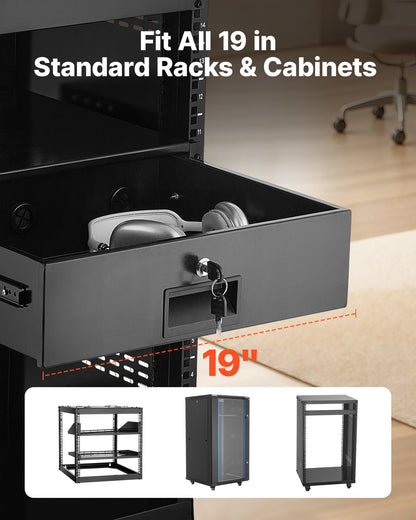 3U Rack Mount Drawer, 22.68 kg Max Load-Bearing, Lockable Server Cabinet Case, Sliding Drawer with Lock and Cable Management Holes, for Network Equipment Server AV Rack or Cabinet Enclosure