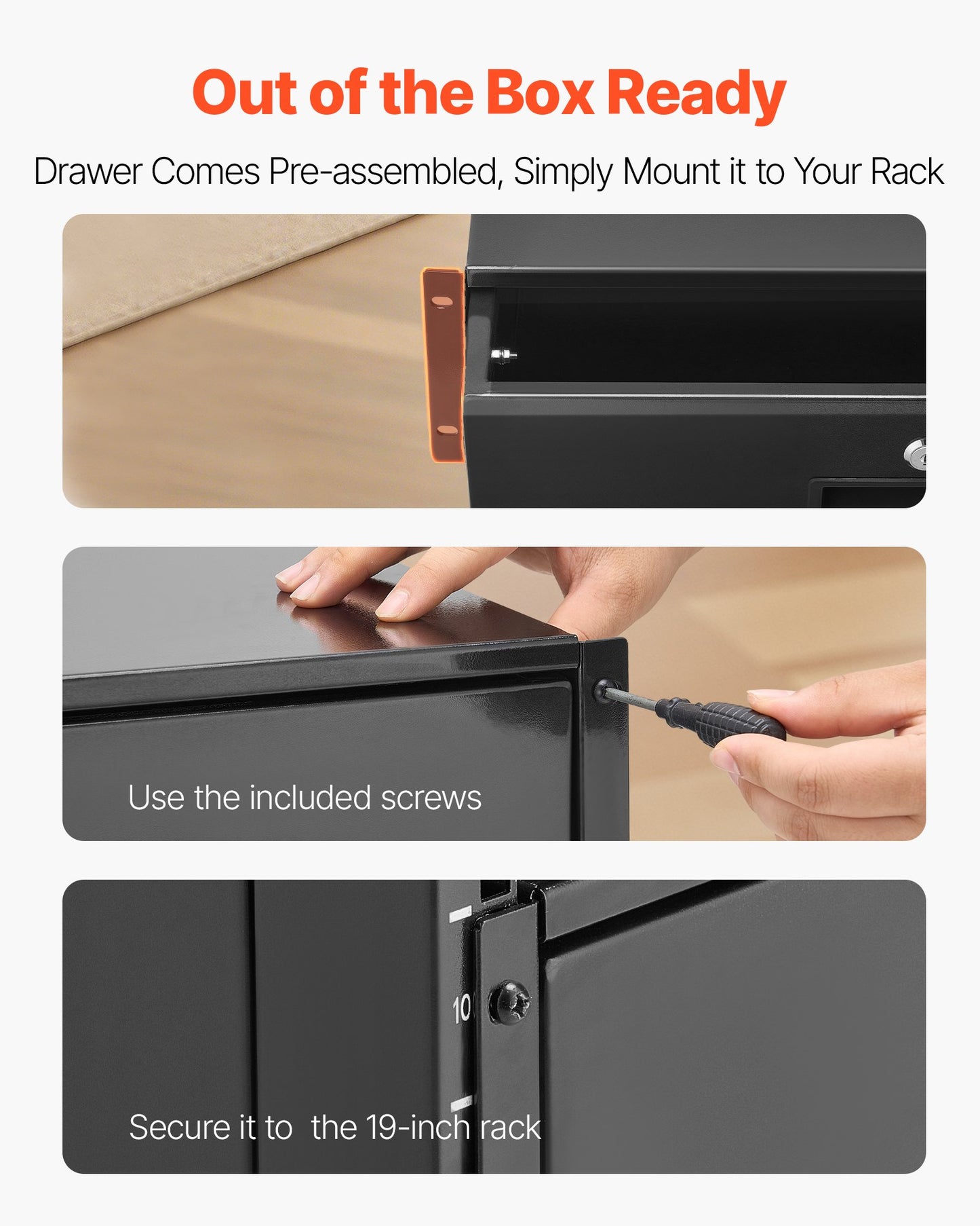 3U Rack Mount Drawer, 22.68 kg Max Load-Bearing, Lockable Server Cabinet Case, Sliding Drawer with Lock and Cable Management Holes, for Network Equipment Server AV Rack or Cabinet Enclosure