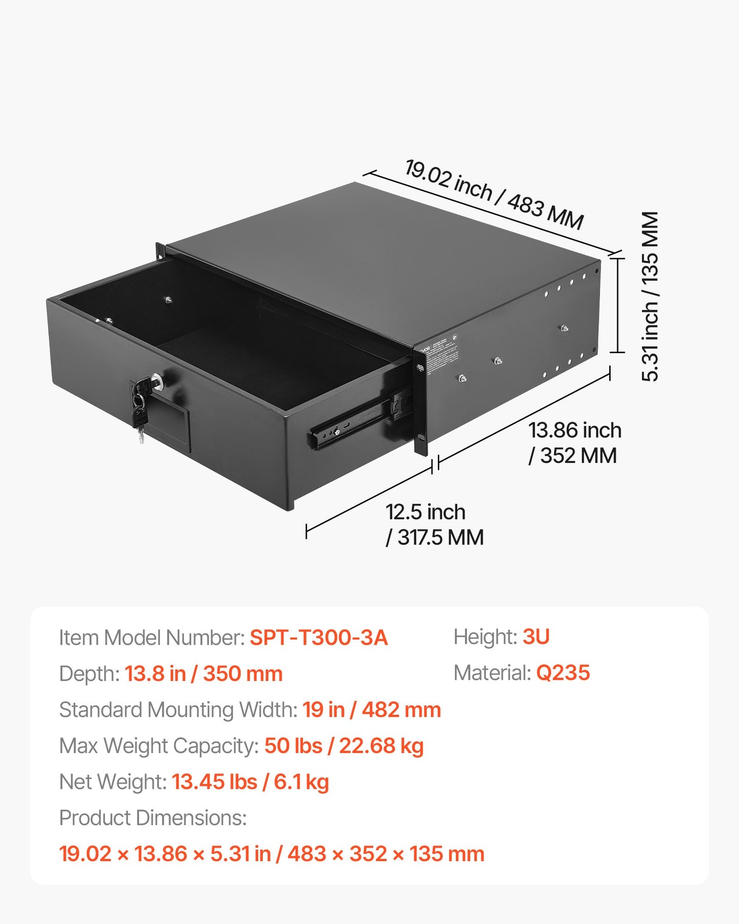 3U Rack Mount Drawer, 22.68 kg Max Load-Bearing, Lockable Server Cabinet Case, Sliding Drawer with Lock and Cable Management Holes, for Network Equipment Server AV Rack or Cabinet Enclosure