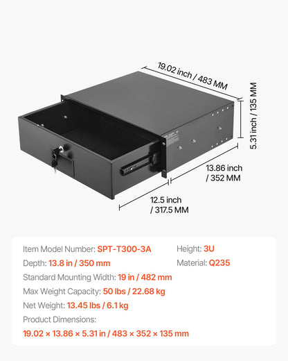 3U Rack Mount Drawer, 22.68 kg Max Load-Bearing, Lockable Server Cabinet Case, Sliding Drawer with Lock and Cable Management Holes, for Network Equipment Server AV Rack or Cabinet Enclosure