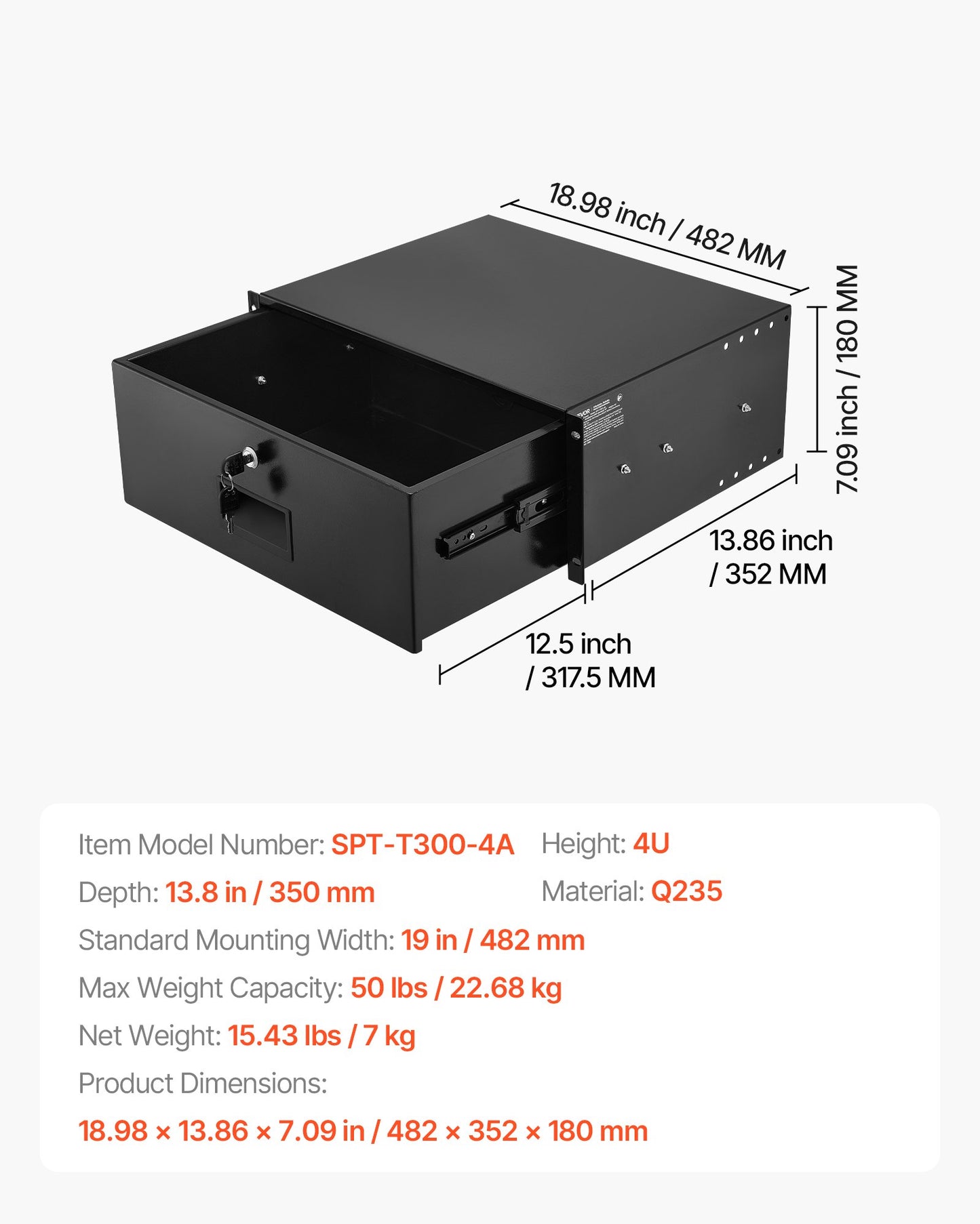 4U Rack Mount Drawer, 22.68 kg Max Load-Bearing, Lockable Server Cabinet Case, Sliding Drawer with Lock and Cable Management Holes, for Network Equipment Server AV Rack or Cabinet Enclosure