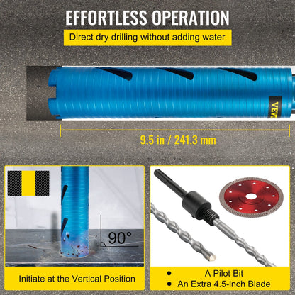 Diamond Core Drill Bit, 63.5mm Diameter, 241.3mm Depth for Concrete & Brick