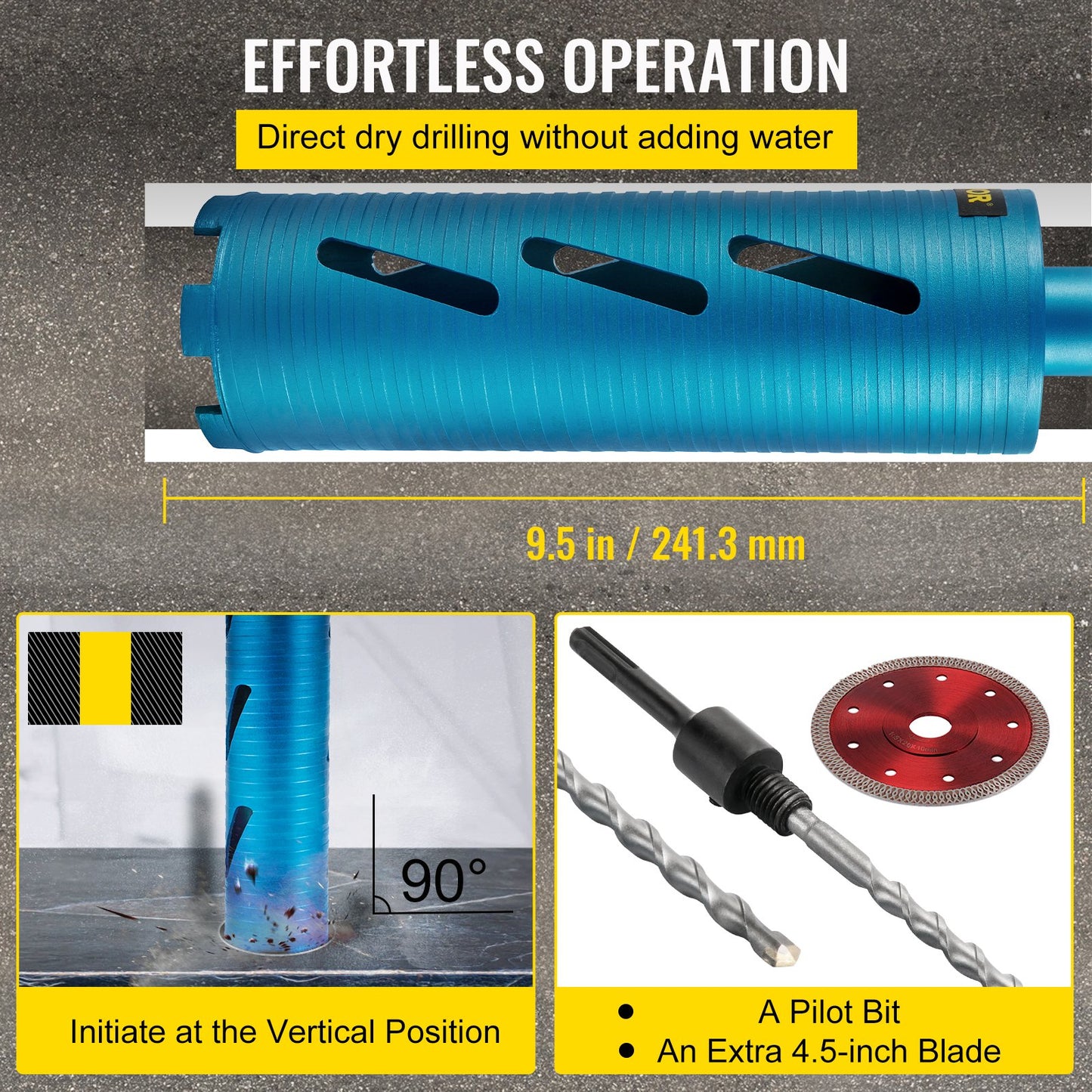 VEVOR Dry Core Drill Bit,  88.9 mm Diameter 11 Threaded, 241.3mm Depth Diamond Coring