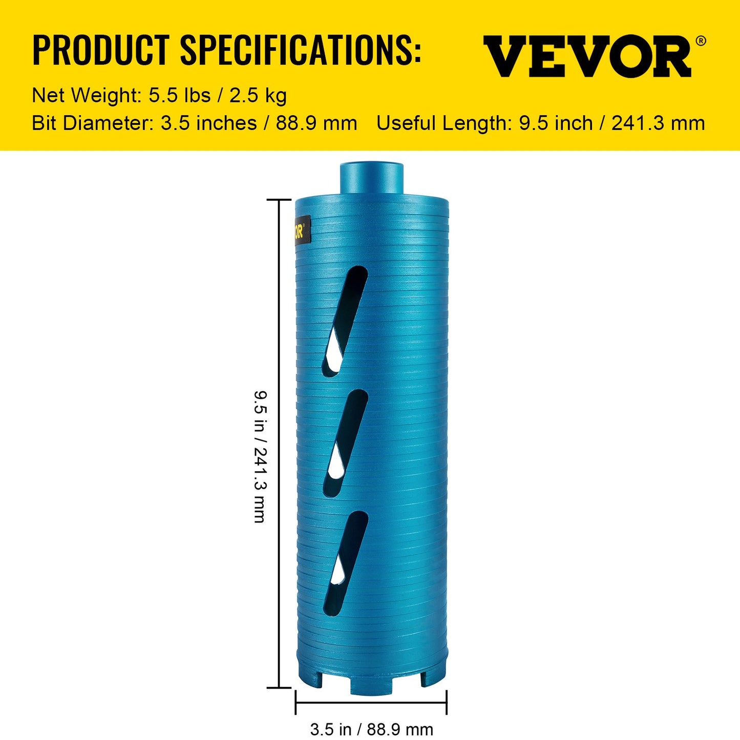 VEVOR Dry Core Drill Bit,  88.9 mm Diameter 11 Threaded, 241.3mm Depth Diamond Coring