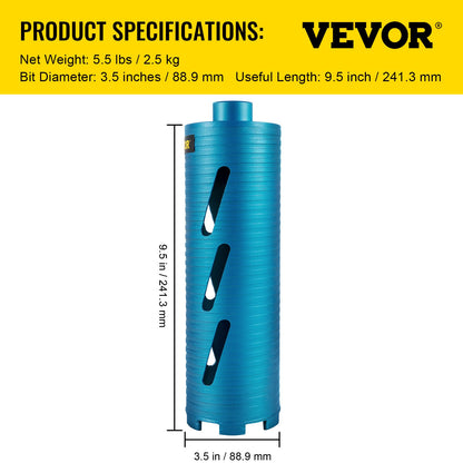 VEVOR Dry Core Drill Bit,  88.9 mm Diameter 11 Threaded, 241.3mm Depth Diamond Coring