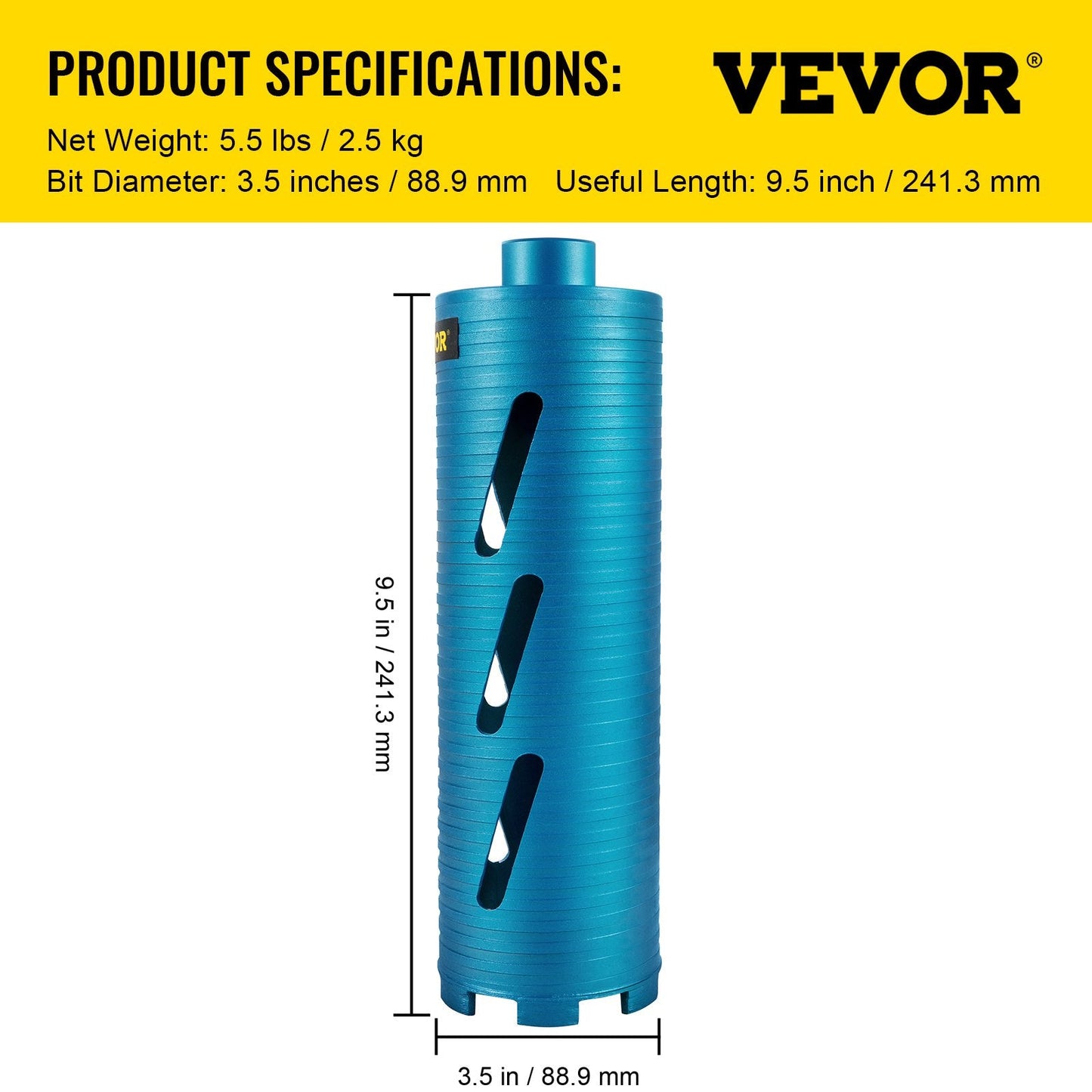 88.9mm Diamond Core Drill Bit, 241.3mm Depth for Concrete and Brick