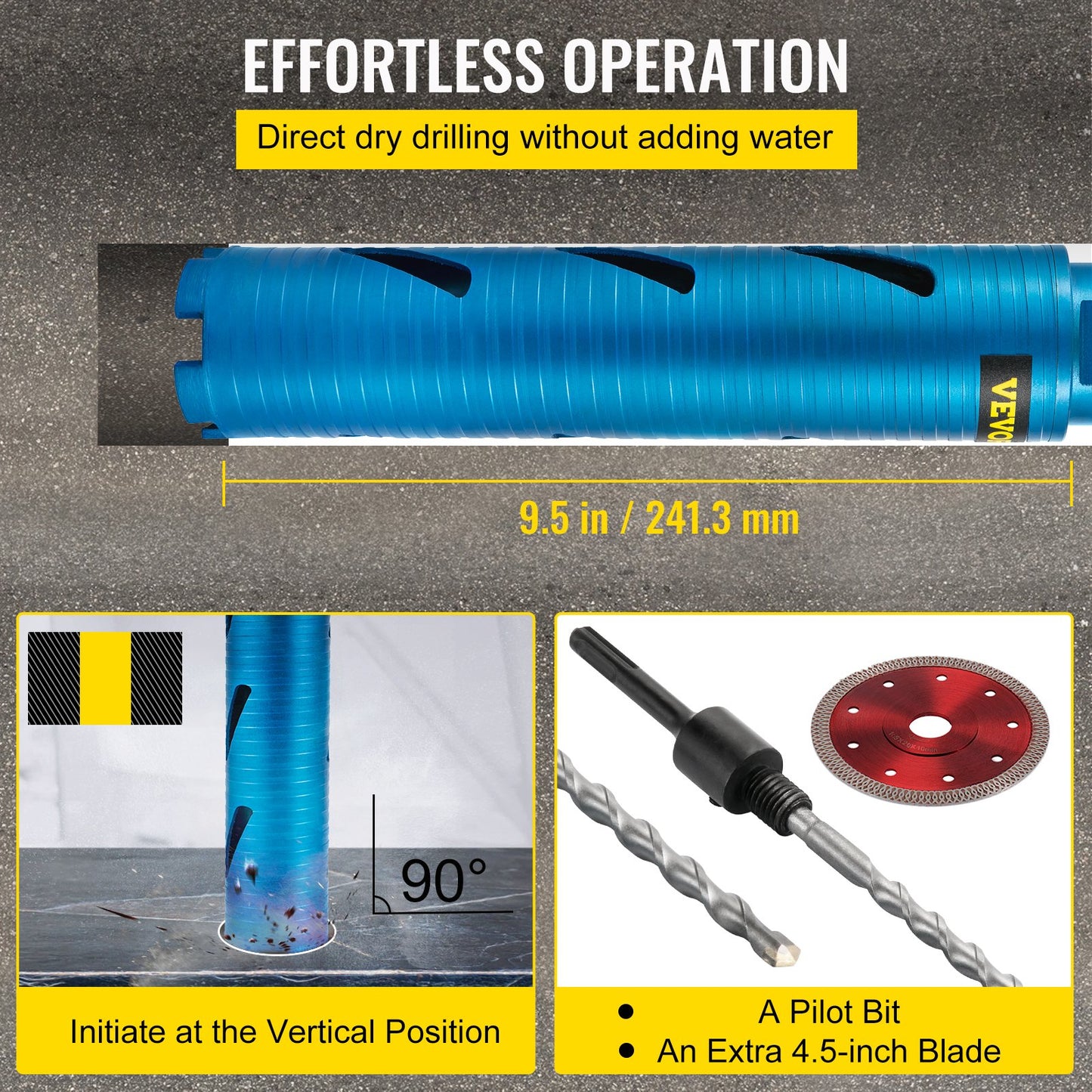 VEVOR Core Drill Bit,  50.8 mm Diameter 11 Threaded, 241.3mm Depth Diamond Dry Coring