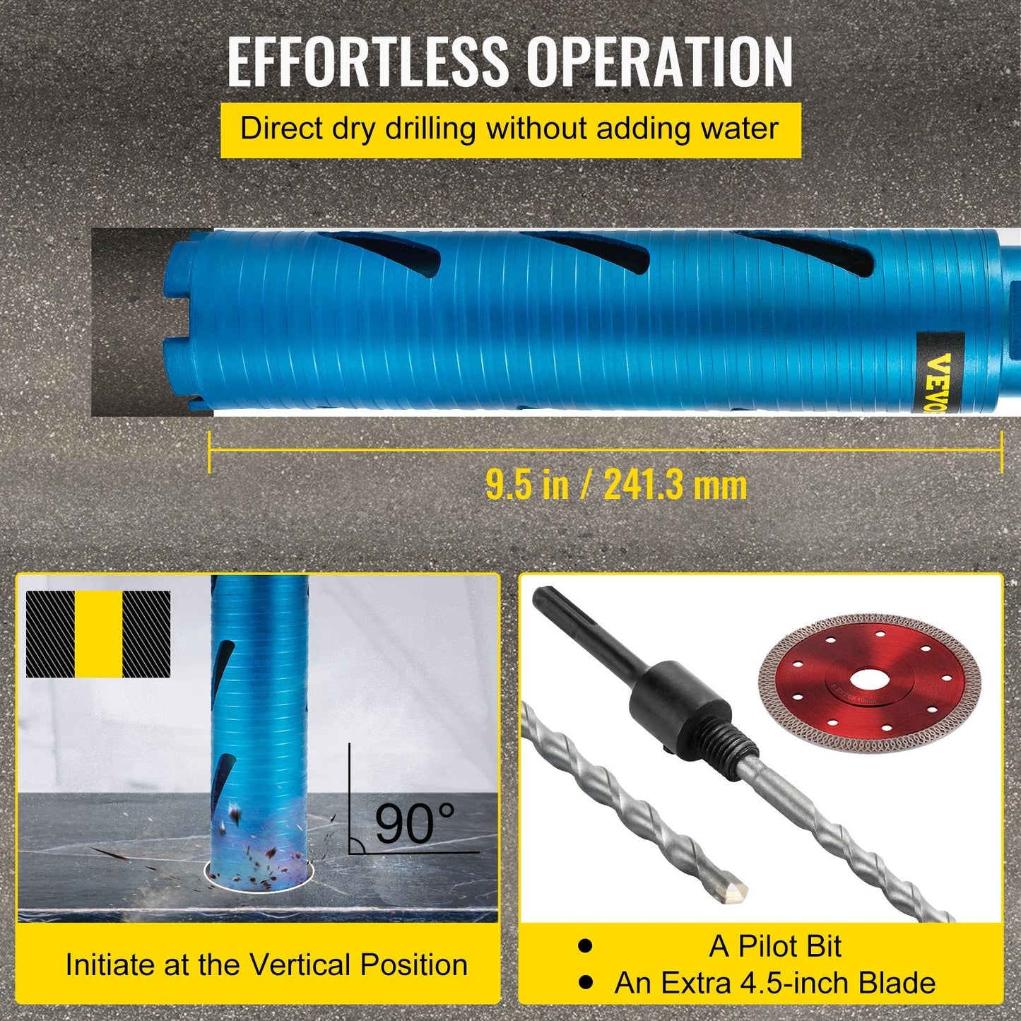 Diamond Core Drill Bit, 50.8 mm x 241.3 mm, for Masonry and Concrete Drilling