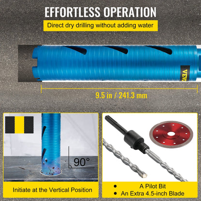 Diamond Core Drill Bit, 50.8 mm x 241.3 mm, for Masonry and Concrete Drilling